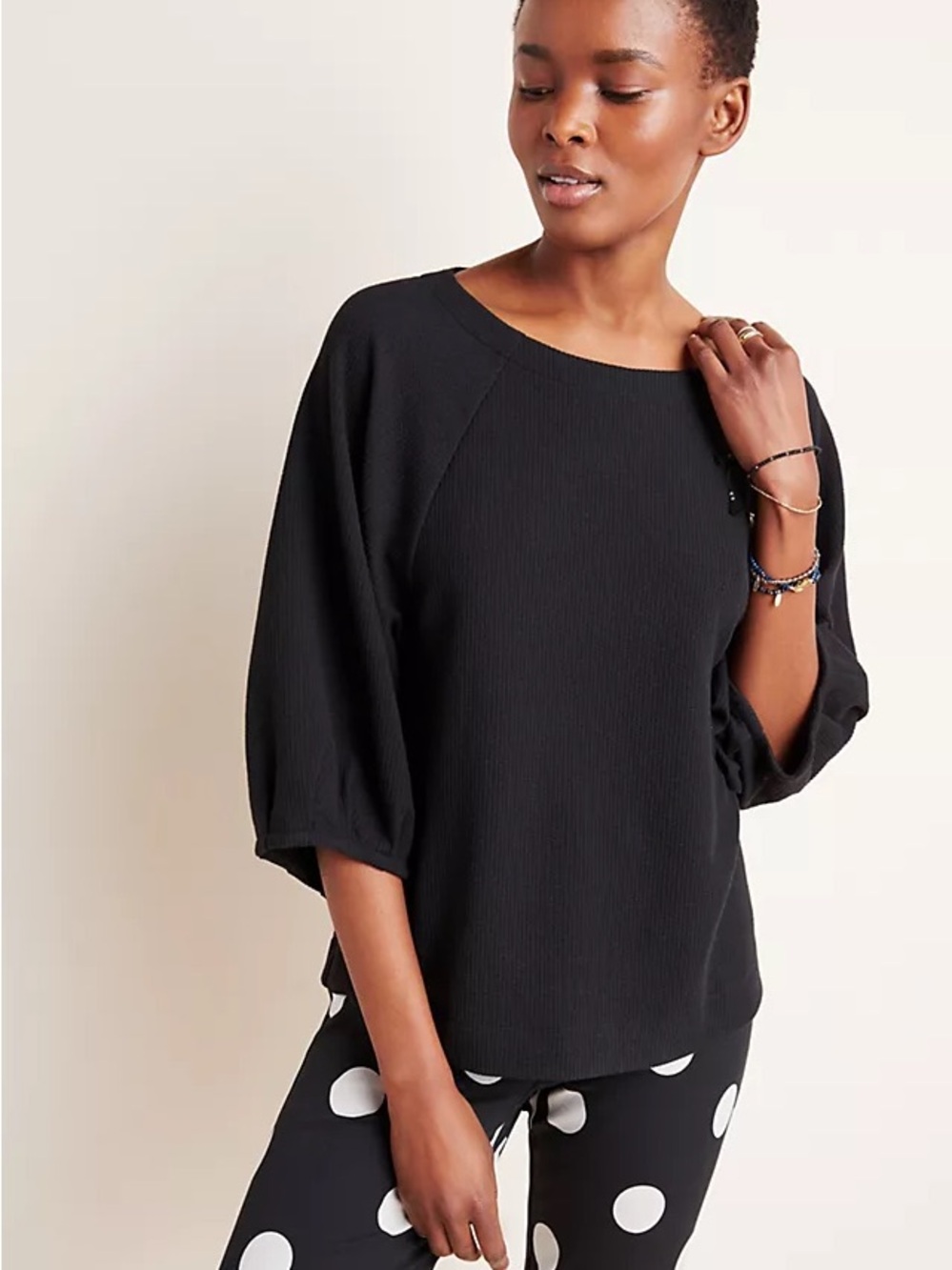 Anthropologie Black Balloon-Sleeve Textured Top